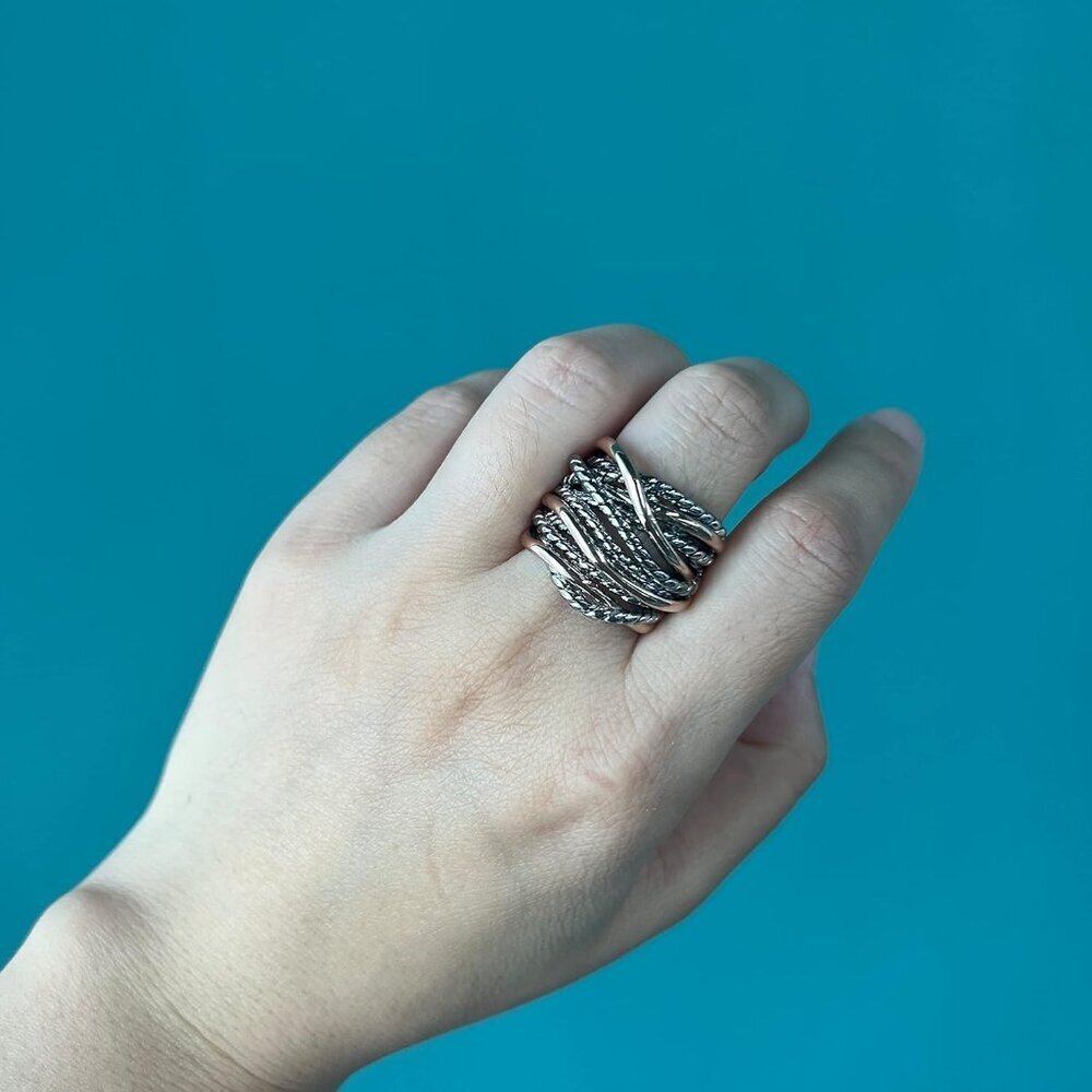 Wide Band Rings Twisted Rope Ring Two-Tone Mixed Metal Braided Statement Rings F - Picture 4 of 6